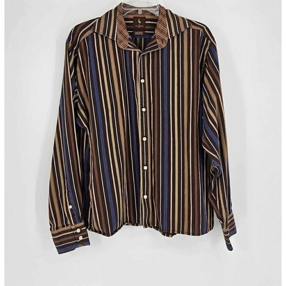 Tailorbyrd Mens Button Front Long Sleeve Brown Blue Stripe Shirt Sz Lg